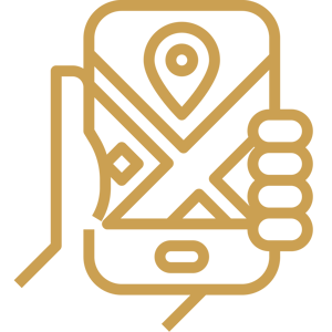 hand holding mobile phone with navigational pin and map on screen